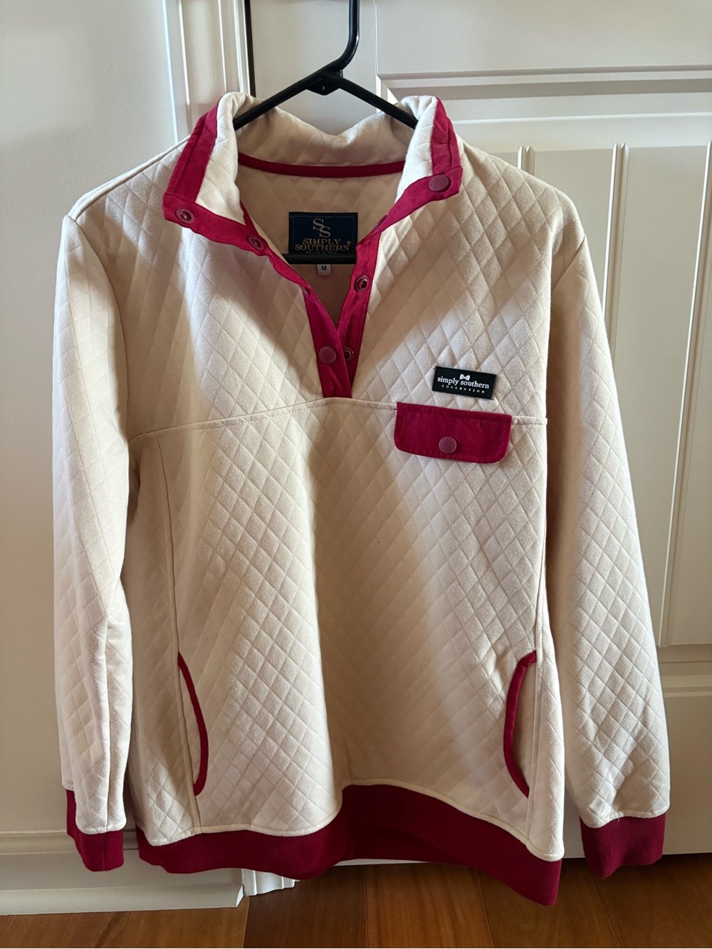 Simply Southern Cream Quilted Pullover with Wine Trim